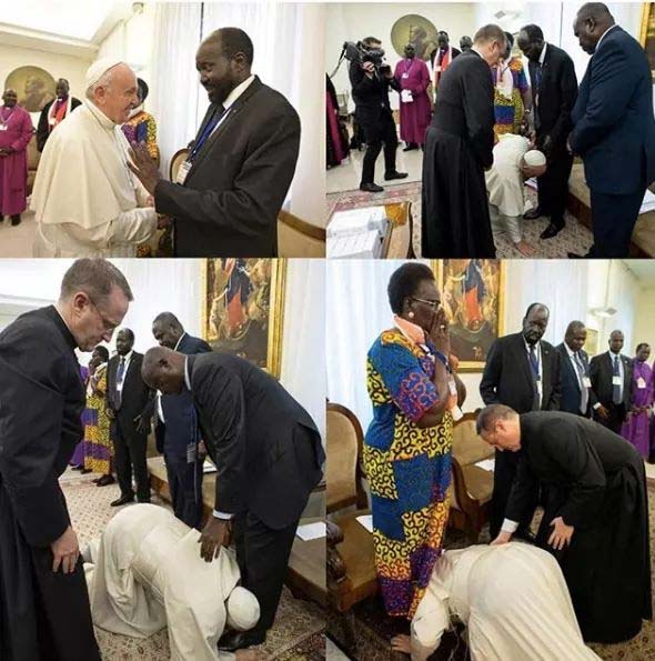 pope francis,kissing the feet of salva kiir mayardit,sudanese political leaders,video viral ,दक्षिण सूडान,पोप फ्रांसिस